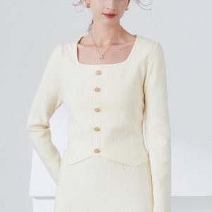 Vintage Gold-Button Wavy Hem Blouse