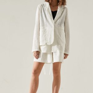 Elegant Asymmetric Hem Blazer with Chiffon Ribbons