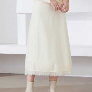 Fringe Hem Midi Skirt with Stretch Knit