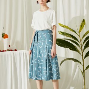Hand-Drawn Print High-Waist Pleated Skirt
