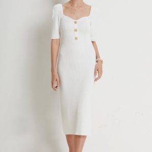 Gold-Buttoned Sweetheart Dress