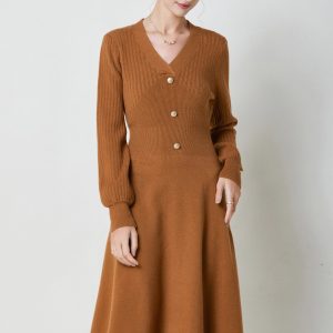 Gold-Button Puff Sleeve Dress