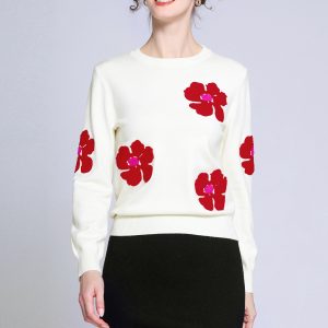 Comfortable Red Flower Sweater