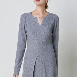 V-Neck Ribbed Slit Top