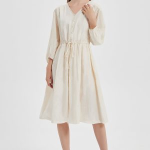 V-Neck Drawstring Puff Dress