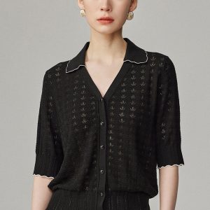 Short-Sleeve Silk Pointelle Cardi